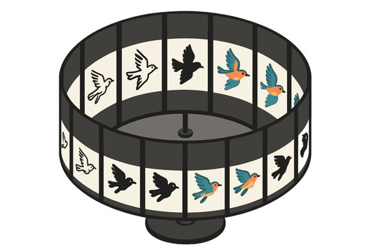 Bird Animation Zoetrope. Circular zoetrope device showing animated sequence of flying birds, first in line style with thin outline