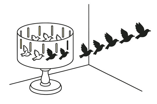 Zoetrope Bird Shadows. Zoetrope cylinder casting shadow of flying bird sequence on nearby wall, first in line style with thin