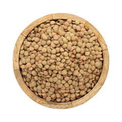 wooden plate with green lentils on white isolated background
