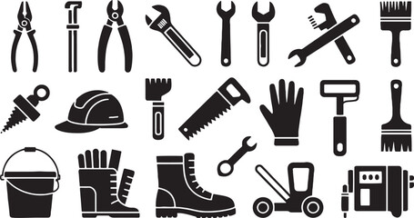 Obraz premium Set of black silhouette icons representing construction and repair tools and safety gear equipment