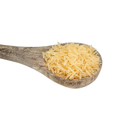 Wooden spoon with boiled rice on a white isolated background