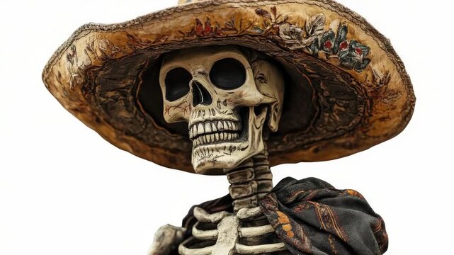 Video A skeletal figure dressed in dark clothing, wearing a hat