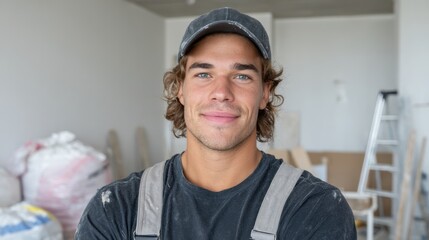 A smiling worker is at a construction site, contributing to significant renovation progress