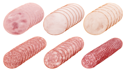 Ham, Salami, smoked Sausage slices, isolated on white background, full depth of field