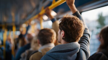 A packed bus during rush hour with passengers holding onto overhead rails, vibrations from the road creating subtle motion blur — public transit pressure, real-life commuting challenges, and urban
