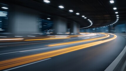Headlights glowing in a long tunnel as cars speed past, creating bright light trails against concrete walls — urban transportation flow, motion blur aesthetics, and high-speed infrastructure
