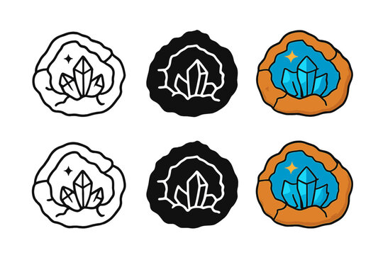 Crystal Geode Icons. Rough geode cracked open showing sparkling crystal interior, minimal vector icon, first in line style with