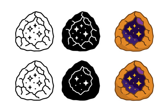 Glittering Geode Styles. Cracked geode with glittering inner core and rough exterior, abstract minimal vector, first in line style