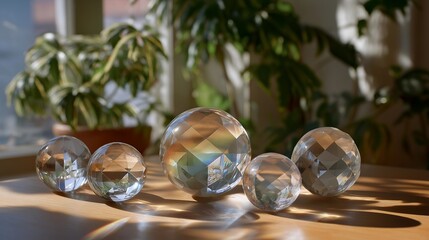 Crystal orbs arranged on a sunlit meditation table, refracting rainbow beams onto surrounding plants and journals — holistic wellness vibe, mindful interior styling, and serene spiritual décor.