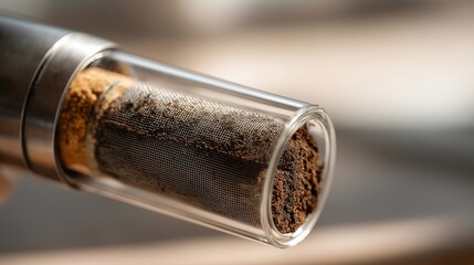 A close-up of a carbon filter cartridge being replaced, charcoal granules and fine mesh visible through transparent casing — purification technology, filtration components, and home water care