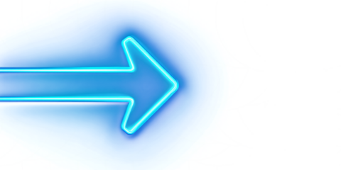 Blue neon arrow on a transparent background. Pointer. Sign. Direction, speed, design element.