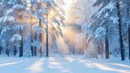 Sunbeams illuminating a snow covered coniferous forest. Winter landscape with golden light rays through trees. Nature beauty for seasonal holiday. - Powered by Adobe