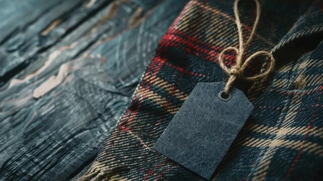 Video A single tag hangs from a colorful plaid scarf on a wooden surface, perfect for decorating or as a gift accessory quality footage