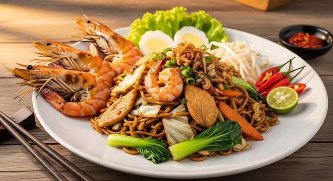 Delicious plate of stir-fried noodles with large prawns, chicken, and fresh vegetables, garnished with lime and chili, served on a rustic wooden table.