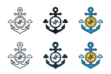 Compass Anchor Design. Anchor head shaped like a compass with tiny cloud accents around, minimalist vector icon pack, first in