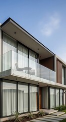 Fototapeta premium Exterior facade of a modern two story house with a glass balcony and large windows.
