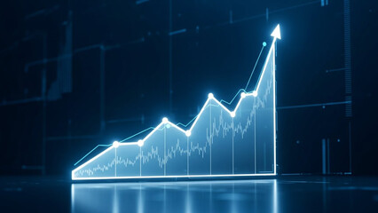 Glowing blue financial graph with upward arrow on dark background chart business