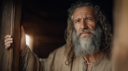 Obraz premium Noah standing inside the dark ark interior, slowly opening a small wooden window for the first time, letting a narrow beam of golden sunlight illuminate dust-filled air.