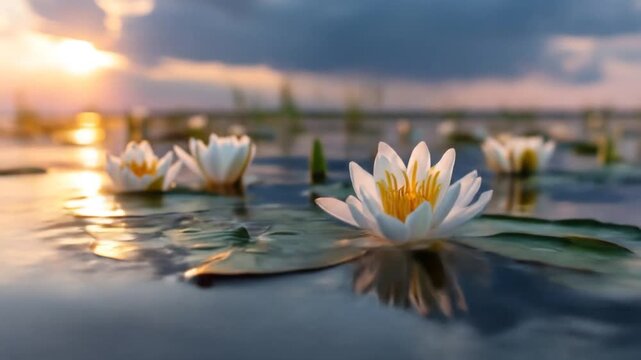 White water lilies floating on calm water at sunset