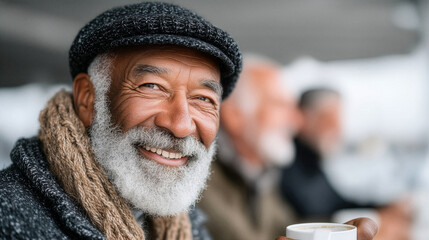Smiling senior man enjoying coffee outdoors on a cool day &mdash; concept of positive aging, wellness and joyful senior lifestyle