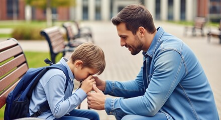 Father comforting young son sitting on a park bench, demonstrating emotional support and forgiveness after an argument, surrounded by greenery and peaceful atmosphere, conveying love and understanding