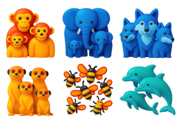 Group of animals, including a monkey, elephant, and dog