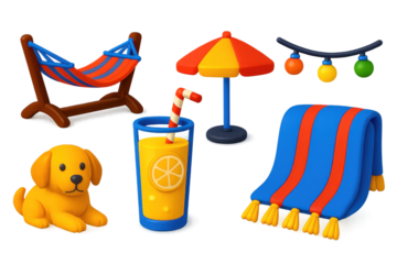Set of beach items including a dog, a lounge chair, a beach umbrella, a drink