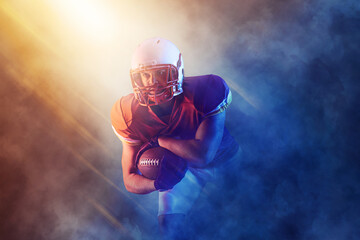 American football player banner with neon colors. Template for bookmaker ads with copy space. Mockup for betting advertisement. Sports betting, football betting, gambling, bookmaker, big win