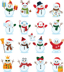Collection of 16 festive snowmen with winter accessories and holiday themes