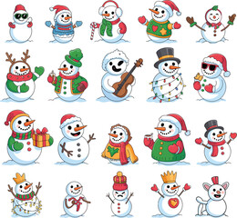 Collection of 20 diverse cartoon snowmen in festive winter attire
