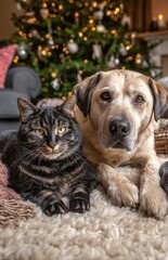 Obraz premium Cat And Dog Resting Together By Christmas Tree In Cozy Living Room