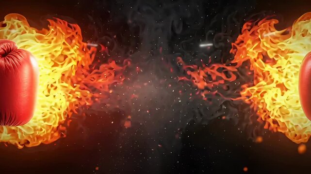 Conceptual slow motion of a fiery explosion created by two boxing gloves (red vs. black) hitting each. Represents fierce competition, power, energy, and conflict.