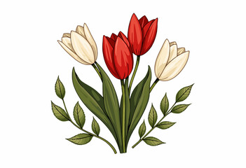 Obraz premium Vibrant Illustration of Blooming Red and White Tulips with Green Leaves on a White Background