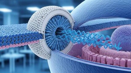 Detailed 3D rendering of genetic engineering. DNA strand entering a cell for gene therapy. Scientific research and medical innovation concept.