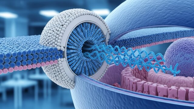Detailed 3D rendering of genetic engineering. DNA strand entering a cell for gene therapy. Scientific research and medical innovation concept. - Powered by Adobe