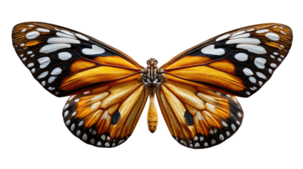 Majestic Monarch: An up-close view reveals the exquisite symmetry and vibrant hues of a monarch butterfly, showcasing nature's artistry in its delicate wings.