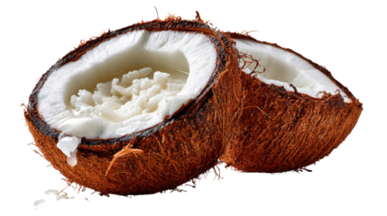Tropical Refreshment: A halved coconut unveils its creamy white flesh and refreshing interior, capturing the essence of tropical delight and natural sweetness.