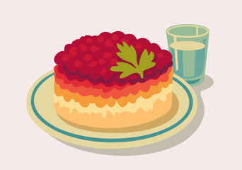 Shuba salad. Beet-coated herring on plate and glass of vodka. Vector isolated illustration