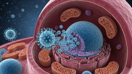 Virus attacking human cell. Microscopic view of pathogen infecting a cell with nucleus, endoplasmic reticulum, and mitochondria. Medical illustration for biology.