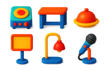 Set of six colorful objects, including a microphone, a table, a lamp, a bowl