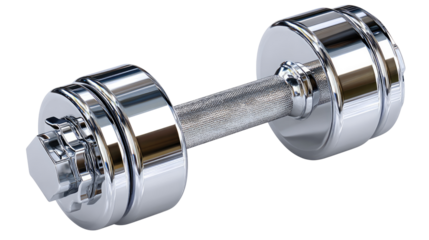 Chrome Dumbbell: A gleaming chrome dumbbell, a symbol of strength and fitness, captures the essence of physical training and the pursuit of a healthy lifestyle.