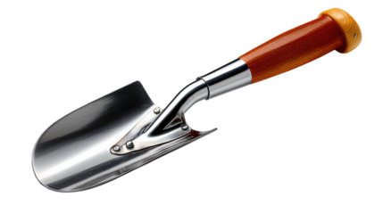 Shovel: a gleaming shovel with a wooden handle, a tool of simple grace and enduring utility, crafted to enhance gardens.
