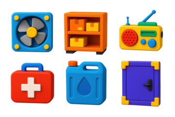 Set of six cartoonish objects, including a first aid kit, a radio, and a box