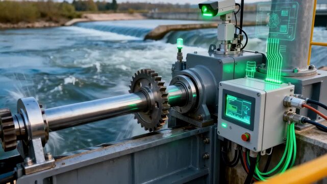 Closeup of floodgate mechanism adjusting in a river delta illustrating smart control technology responding to changing water conditions for flood prevention.