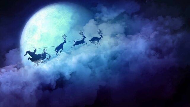Silhouette of Santa riding a flying reindeer
