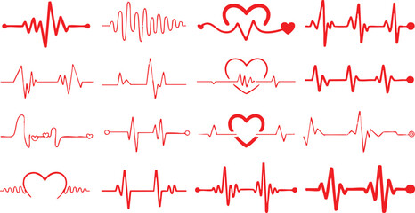 Red heartbeat line collection with heart symbol, cardiology, medical pulse, ECG, EKG design, healthcare clipart vector illustration, health monitoring, digital heartbeat graphics