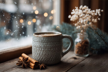 Cozy ceramic mug with hot drink and cinnamon sticks by the window on a snowy winter day - comfort and mindful living
