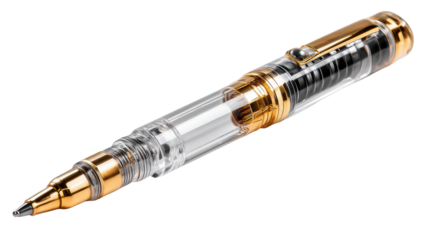 Golden Pen of Precision: A close-up view of a luxurious, transparent pen accented with gold, perfect for signing important documents or writing elegant notes.