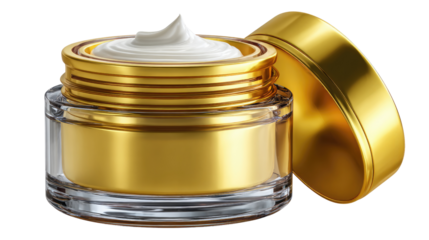 Cream of Beauty: A golden jar, holding a swirl of luscious cream, signifies opulence and beauty. Its elegant design and radiant color, inviting us into a realm of skincare and self-care.