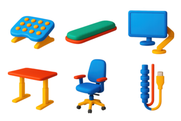 Set of six cartoonish images of office furniture and electronics